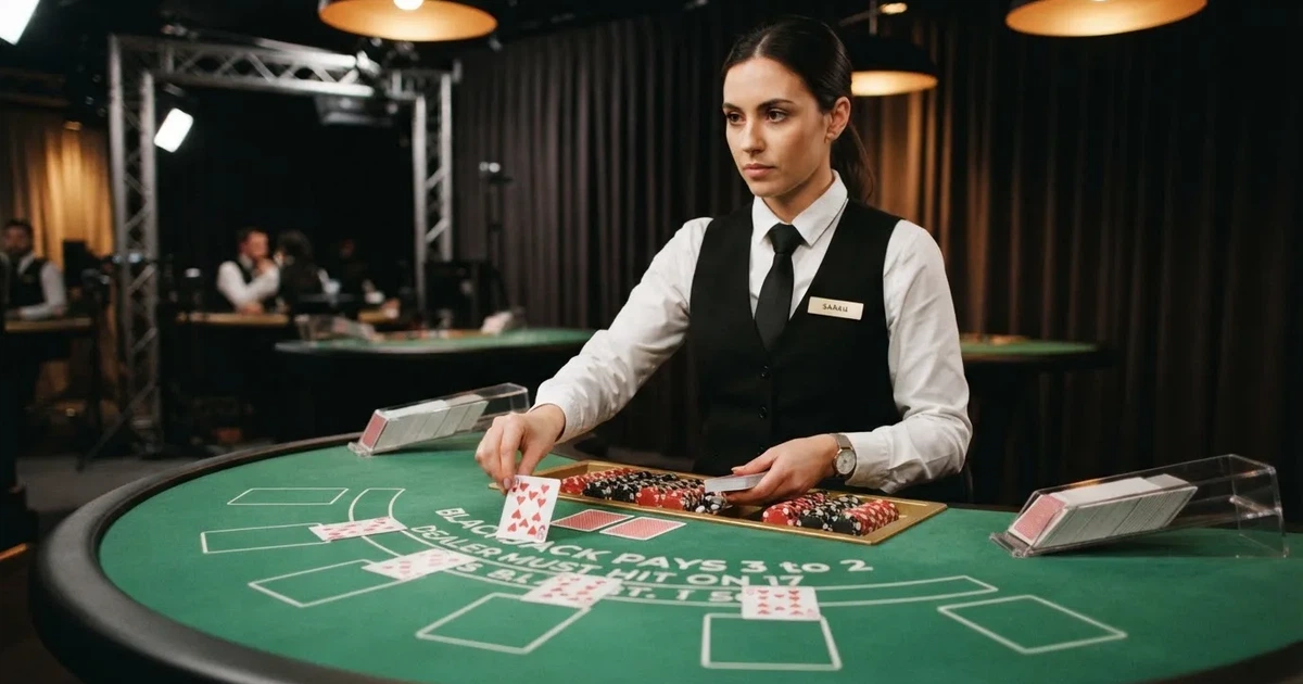 En dealer i hvid skjorte og vest står bag et grønt bord i et professionelt studie og vender et kort, set lidt fra siden.